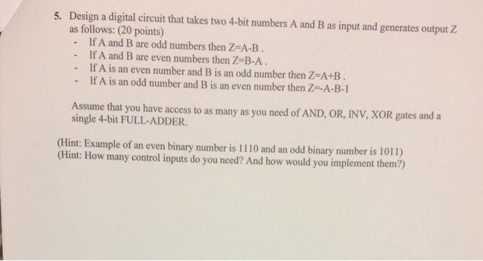 5. Design a digital circuit that takes two 4-bit numbers A and B as input and generates output Z as follows: