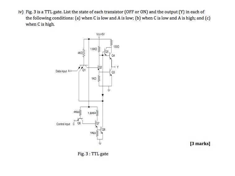 iv) Fig. 3 is a TTL gate. List the state of each transistor (OFF or ON) and the output (Y) in each of the