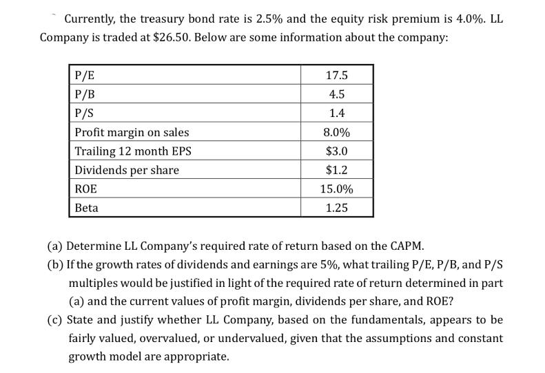 Currently, the treasury bond rate is 2.5% and the equity risk premium is 4.0%. LL Company is traded at