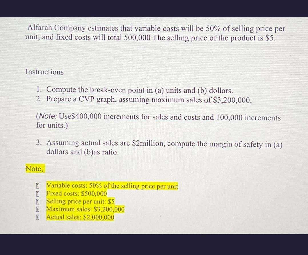 Alfarah Company estimates that variable costs will be 50% of selling price per unit, and fixed costs will