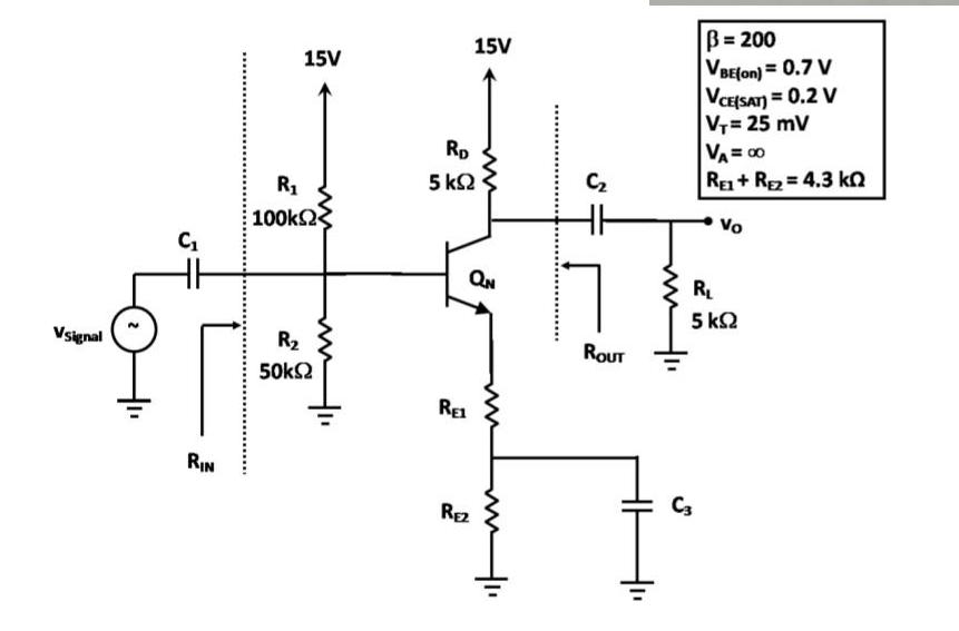 Vsignal C HH RIN 15V R 100k R 50kS2 RD 5  REL 15V ww QN 3 REZ 2 www 1 C ROUT B= 200 VBE(on)= 0.7 V VCE(SAT) =