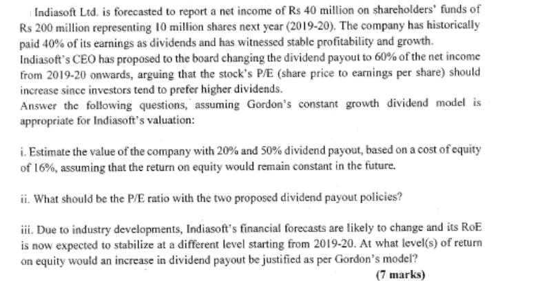 Indiasoft Ltd. is forecasted to report a net income of Rs 40 million on shareholders' funds of Rs 200 million
