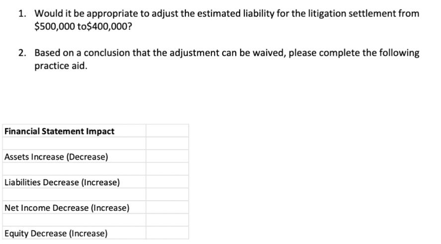 1. Would it be appropriate to adjust the estimated liability for the litigation settlement from $500,000 to