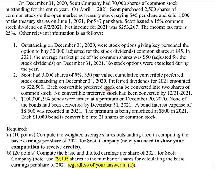 On December 31, 2020, Scott Company had 70,000 shares of common stock outstanding for the entire year. On