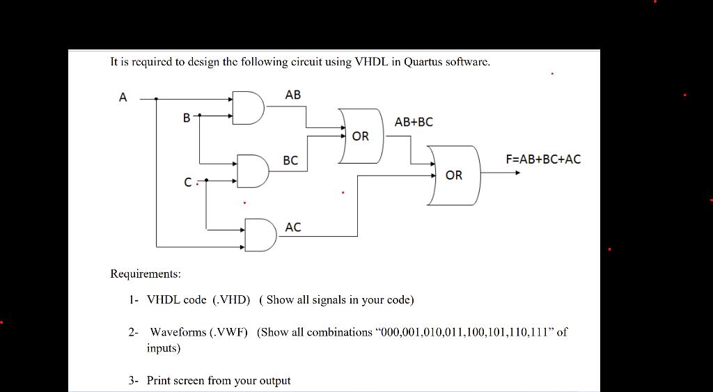 It is required to design the following circuit using VHDL in Quartus software. A B AB BC AC OR AB+BC
