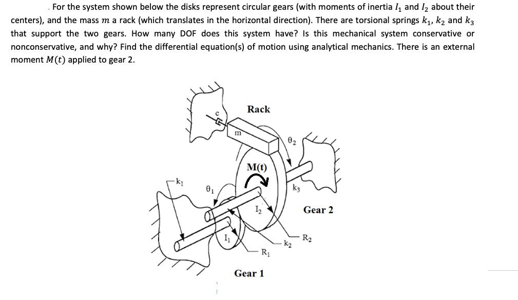 For the system shown below the disks represent circular gears (with moments of inertia 1 and 1 about their