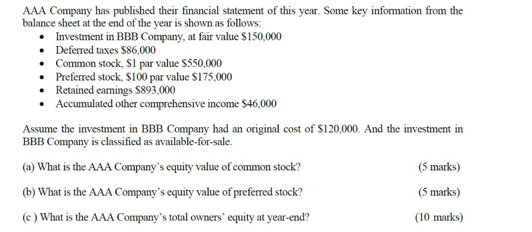 AAA Company has published their financial statement of this year. Some key information from the balance sheet