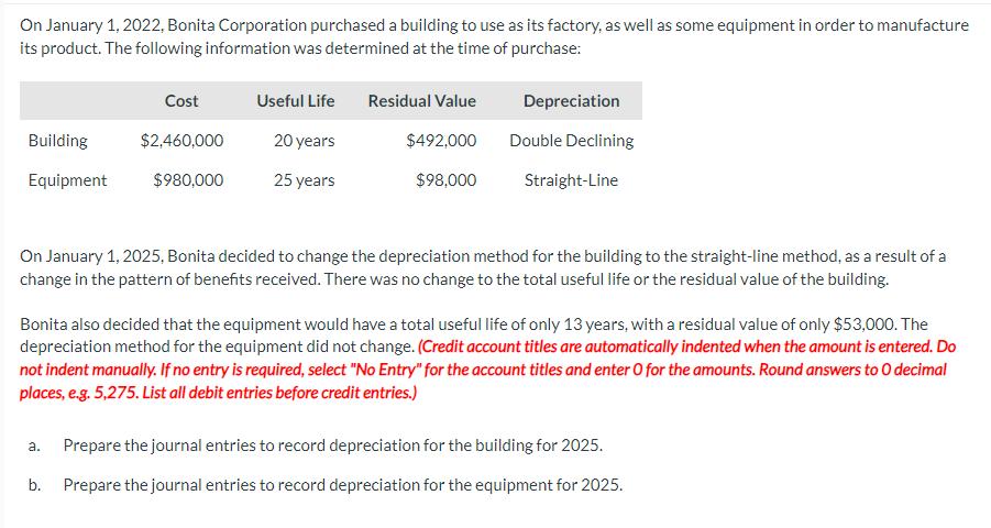 On January 1, 2022, Bonita Corporation purchased a building to use as its factory, as well as some equipment