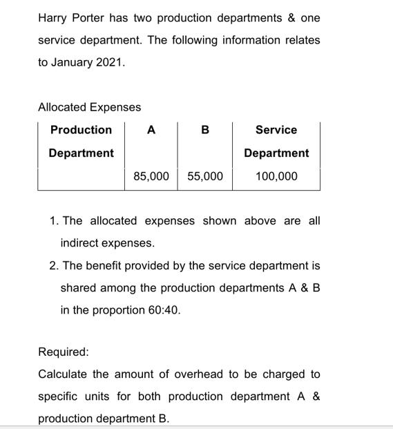 Harry Porter has two production departments & one service department. The following information relates to