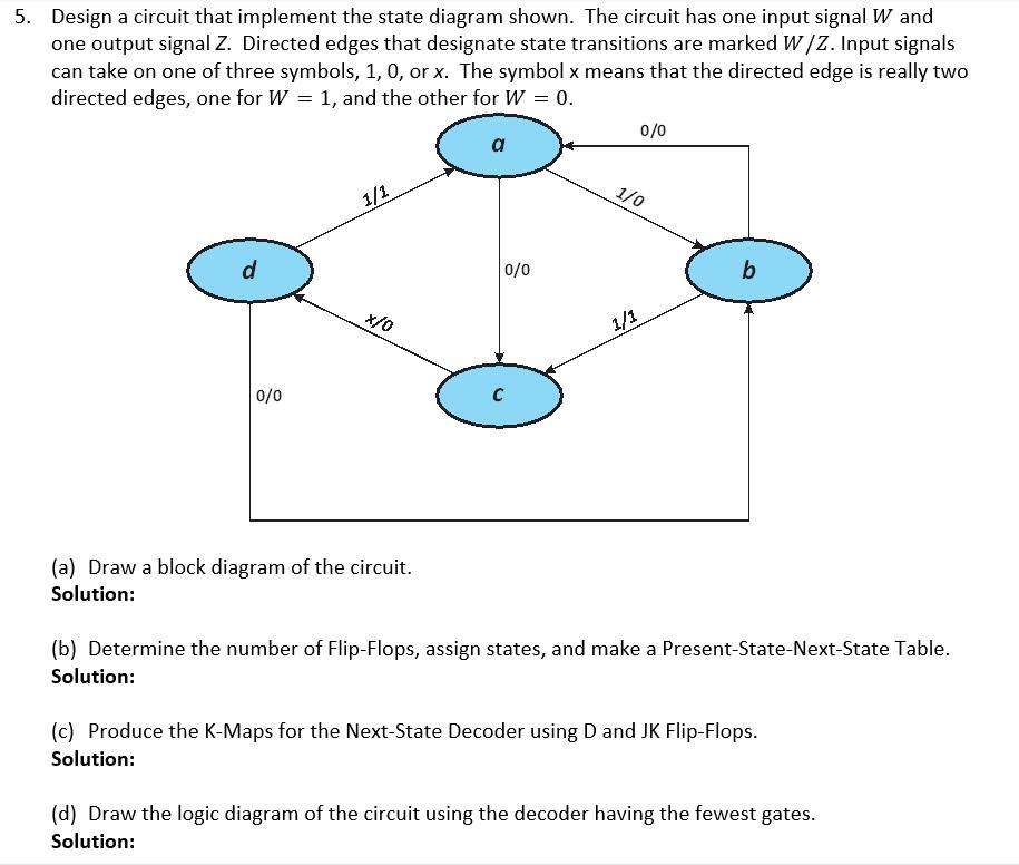 5. Design a circuit that implement the state diagram shown. The circuit has one input signal W and one output