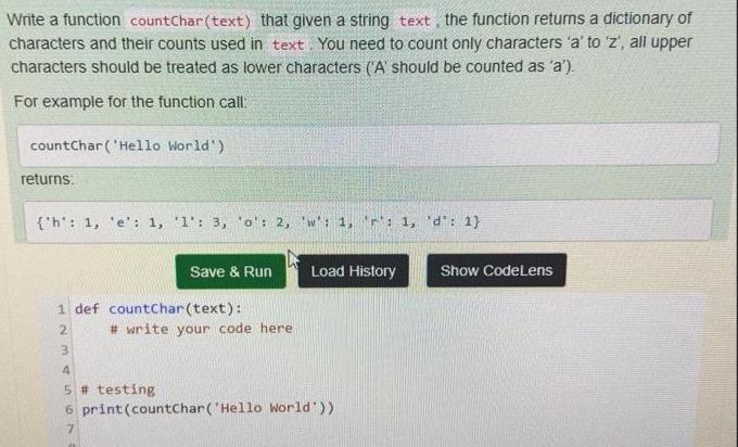 Write a function countChar(text) that given a string text, the function returns a dictionary of characters