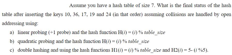 Assume you have a hash table of size 7. What is the final status of the hash table after inserting the keys