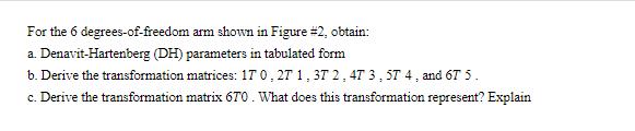 For the 6 degrees-of-freedom arm shown in Figure #2, obtain: a. Denavit-Hartenberg (DH) parameters in