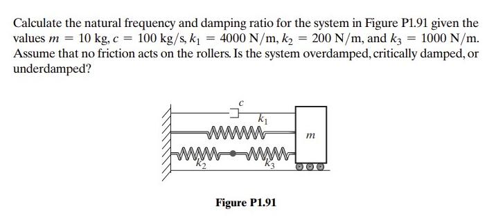 Calculate the natural frequency and damping ratio for the system in Figure P1.91 given the values m = 10 kg,