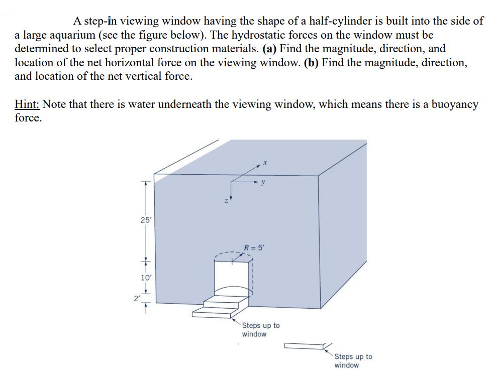 A step-in viewing window having the shape of a half-cylinder is built into the side of a large aquarium (see