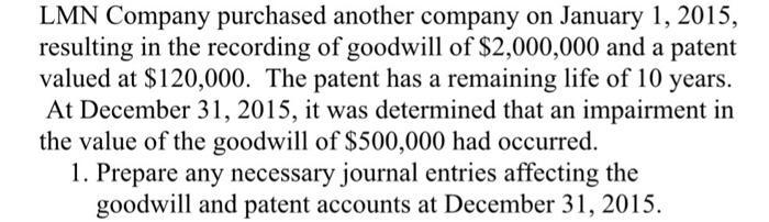 LMN Company purchased another company on January 1, 2015, resulting in the recording of goodwill of