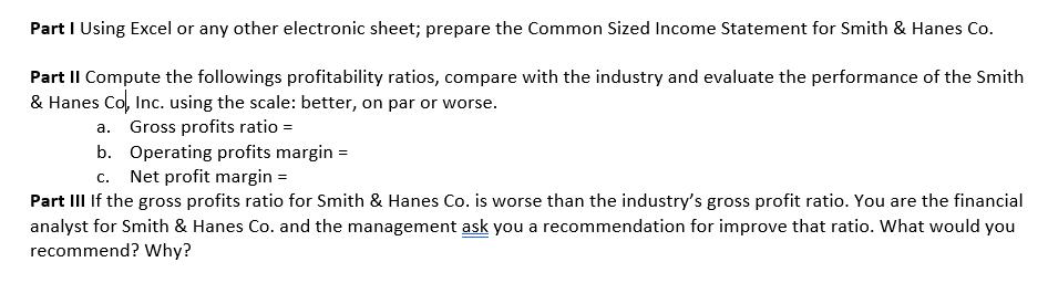 Part I Using Excel or any other electronic sheet; prepare the Common Sized Income Statement for Smith & Hanes