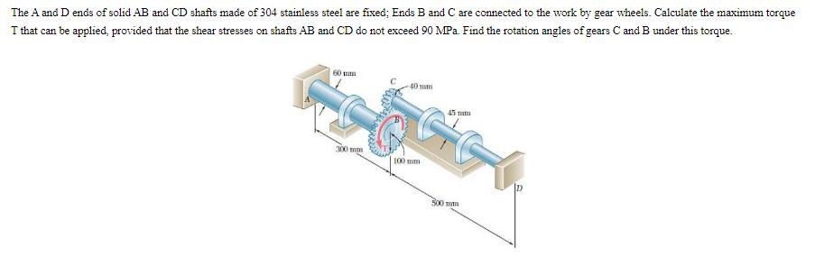 The A and D ends of solid AB and CD shafts made of 304 stainless steel are fixed; Ends B and C are connected