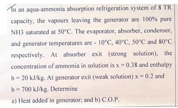 In an aqua-ammonia absorption refrigeration system of 8 TR capacity, the vapours leaving the generator are