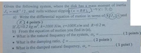 Given the following system, where the disk has a mass moment of inertia JmR2 /2, and rolls without slipping