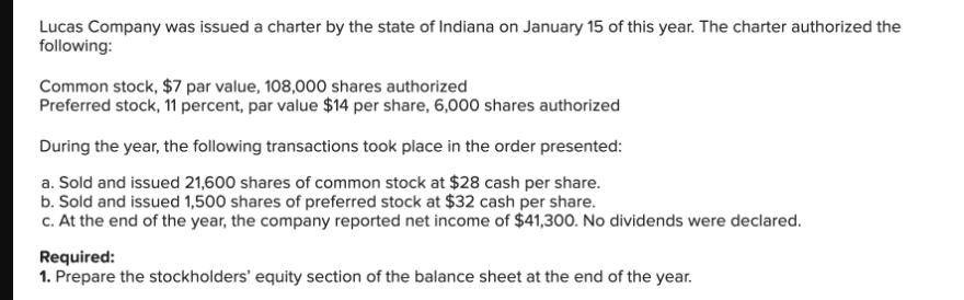 Lucas Company was issued a charter by the state of Indiana on January 15 of this year. The charter authorized