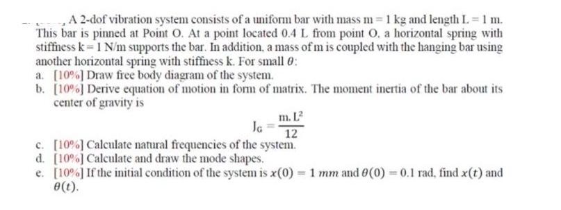 A 2-dof vibration system consists of a uniform bar with mass m= 1 kg and length L = 1 m. This bar is pinned