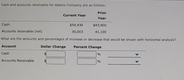 Cash and accounts receivable for Adams Company are as follows: Current Year Prior Year Cash $54,436 Accounts