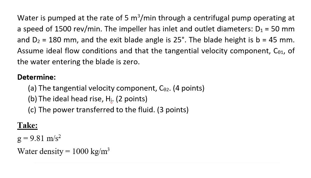 Water is pumped at the rate of 5 m/min through a centrifugal pump operating at a speed of 1500 rev/min. The