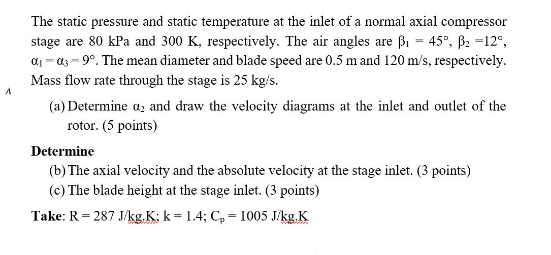 A The static pressure and static temperature at the inlet of a normal axial compressor stage are 80 kPa and