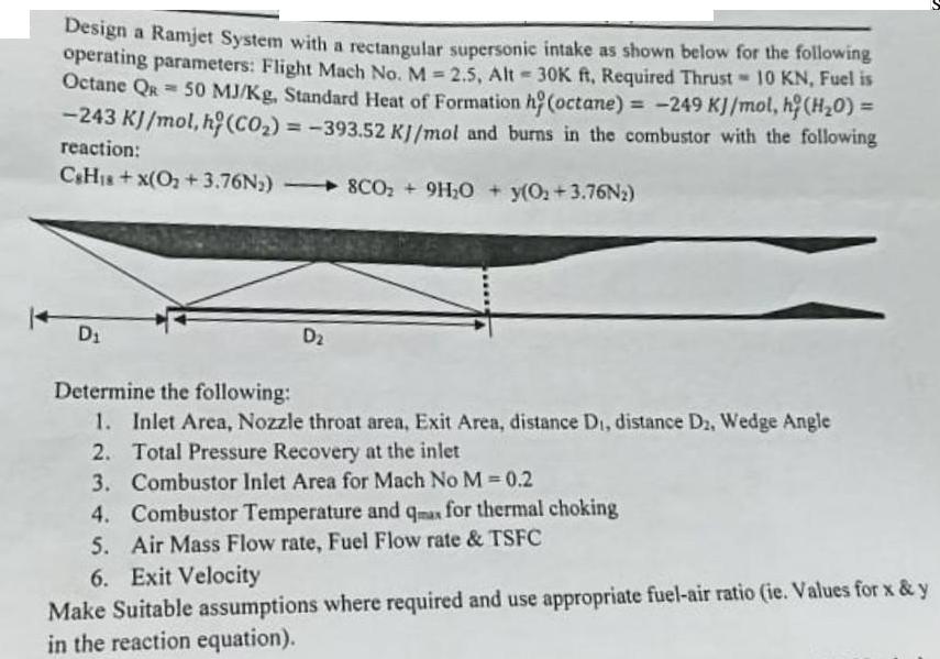 Design a Ramjet System with a rectangular supersonic intake as shown below for the following operating
