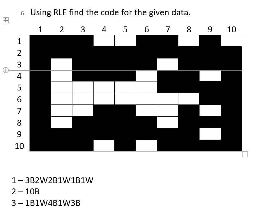 (+ 6. Using RLE find the code for the given data. 1 2 3 4 5 6 7 7 1 2 345 678 7 9 10 1-3B2W2B1W1B1W 2 - 10B