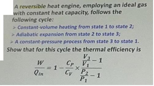 A reversible heat engine, employing an ideal gas with constant heat capacity, follows the following cycle: >