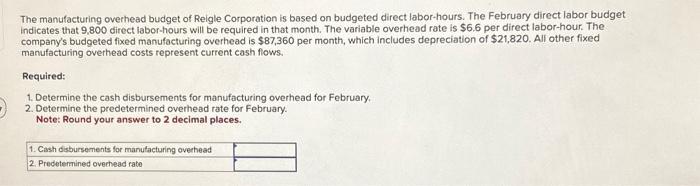 The manufacturing overhead budget of Reigle Corporation is based on budgeted direct labor-hours. The February