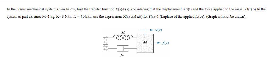 In the planar mechanical system given below, find the transfer function X(s)/F(3), considering that the