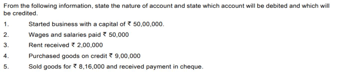 From the following information, state the nature of account and state which account will be debited and which