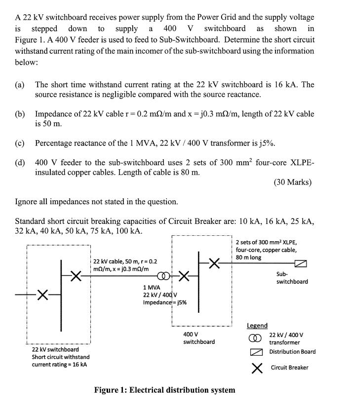 A 22 kV switchboard receives power supply from the Power Grid and the supply voltage is stepped down to