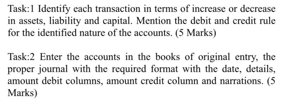 Task:1 Identify each transaction in terms of increase or decrease in assets, liability and capital. Mention