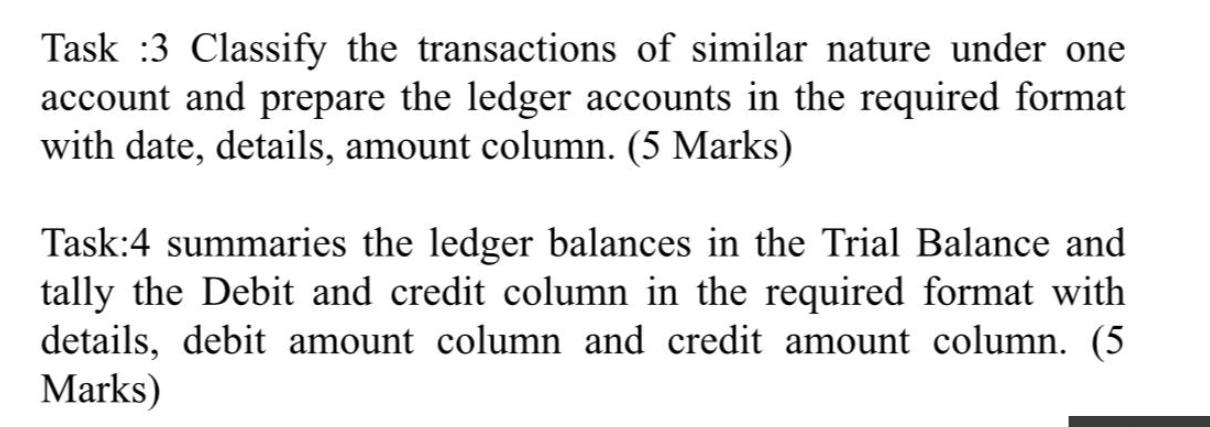 Task 3 Classify the transactions of similar nature under one account and prepare the ledger accounts in the