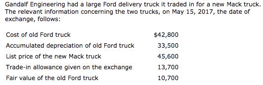 Gandalf Engineering had a large Ford delivery truck it traded in for a new Mack truck. The relevant