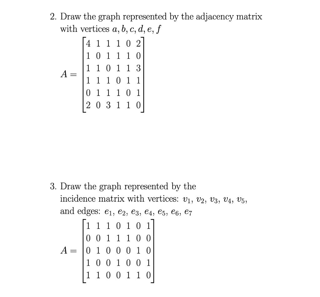 2. Draw the graph represented by the adjacency matrix with vertices a, b, c, d, e, f A = 3. Draw the graph