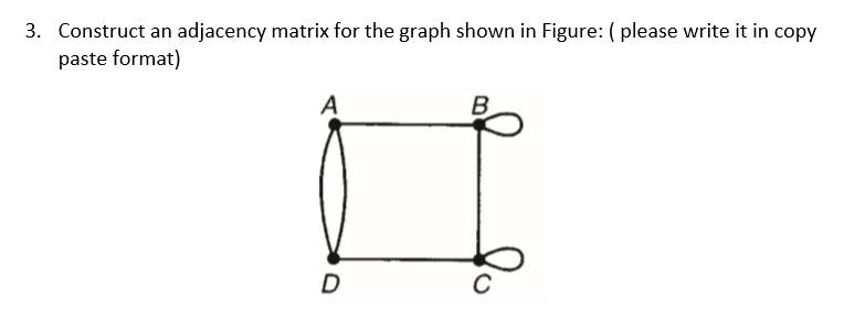 3. Construct an adjacency matrix for the graph shown in Figure: (please write it in copy paste format) A D B C