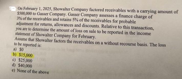 On February 1, 2025, Showalter Company factored receivables with a carrying amount of $500,000 to Gasser