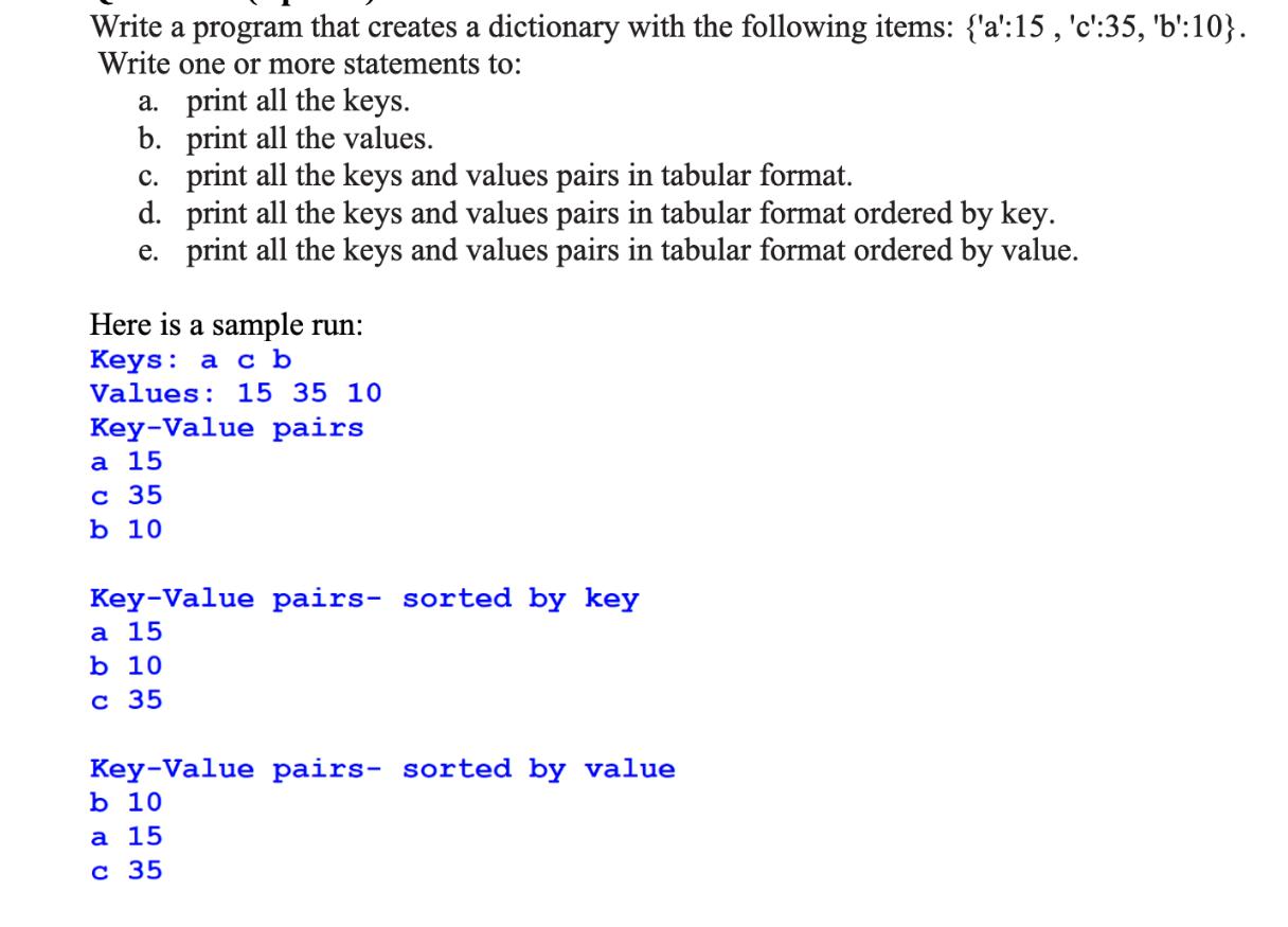 Write a program that creates a dictionary with the following items: {'a':15, 'c':35, 'b':10}. Write one or