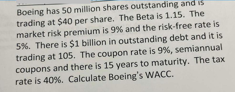 Boeing has 50 million shares outstanding and is trading at $40 per share. The Beta is 1.15. The market risk