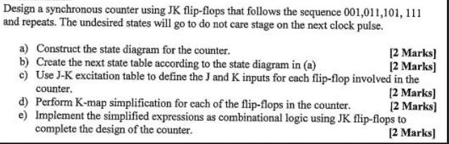 Design a synchronous counter using JK flip-flops that follows the sequence 001,011,101, 111 and repeats. The