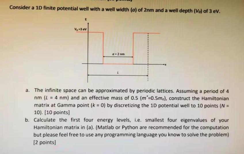Consider a 1D finite potential well with a well width (a) of 2nm and a well depth (Vo) of 3 eV. E V =3 ev a =