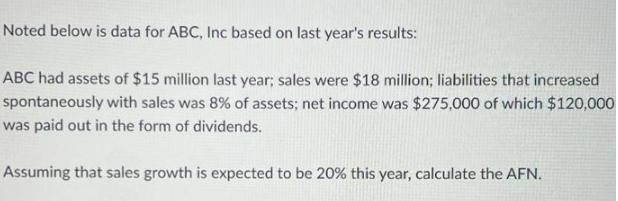 Noted below is data for ABC, Inc based on last year's results: ABC had assets of $15 million last year; sales