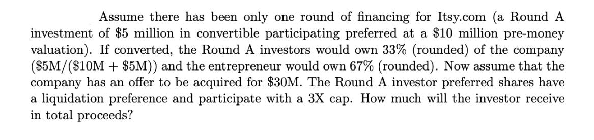 Assume there has been only one round of financing for Itsy.com (a Round A investment of $5 million in