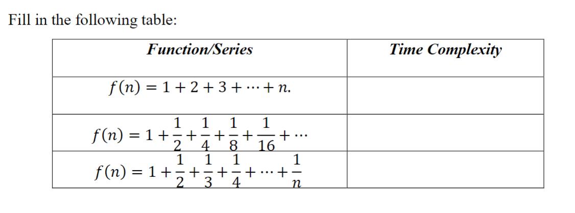 Fill in the following table: Function/Series f(n) = 1+ 2+ 3+ f(n) = 1 + 1 + + + INTIN 1413 180114 f(n) = 1 +