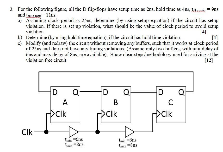 3. For the following figure, all the D flip-flops have setup time as 2ns, hold time as 4ns, telk-q-min = 9ns